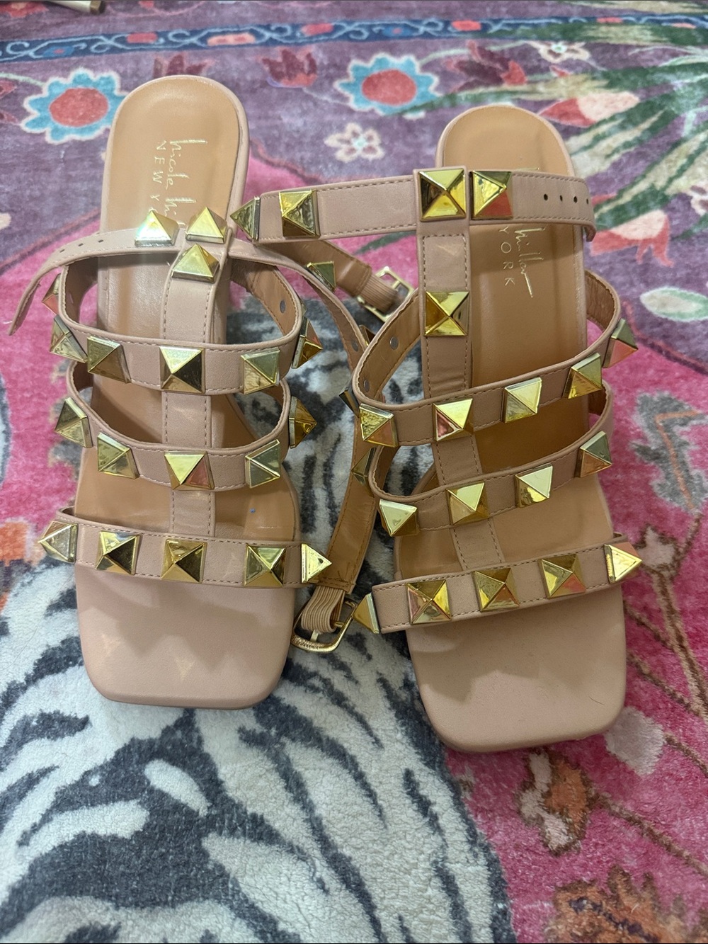 Nicole Miller Nude Pink Strappy Heeled Sandals with Gold Pyramid Studs